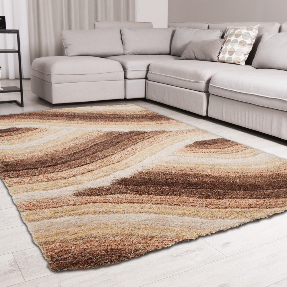 Wave 3D Shaggy Abstract Modern Rugs in Chocolate Latte Brown